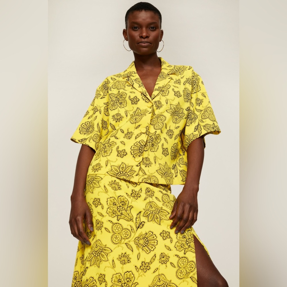 Saunders x RTR Rox Top Yellow Floral‎ Short Sleeve V-Neck Button Front size 0 - Picture 4 of 13